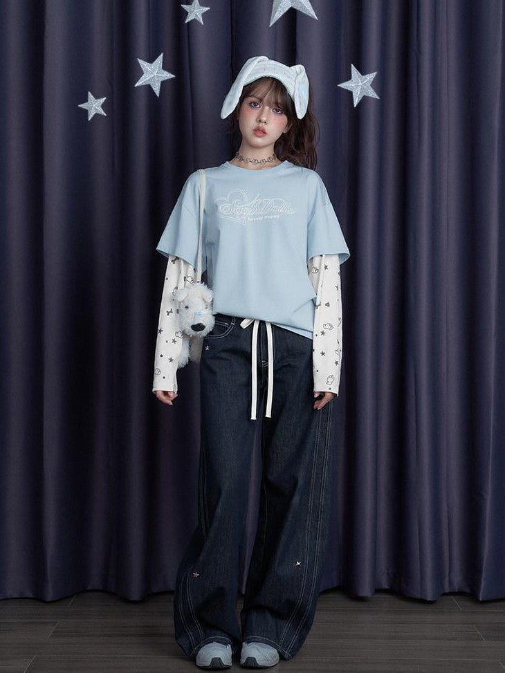 SagiDolls Puppy Party Print Heart Text Blue White Patch Women's Long Sleeve T-shirts