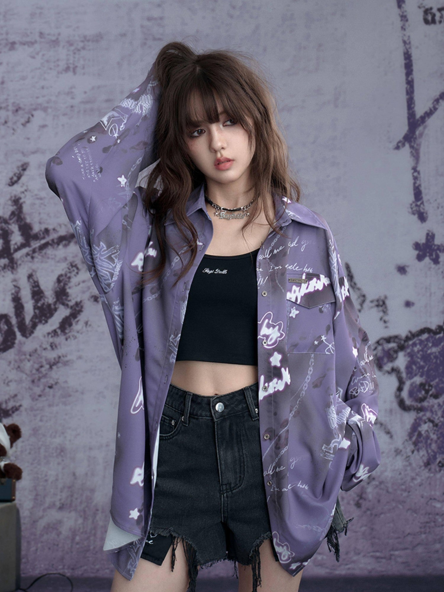 SagiDolls Purple Aurora Printed Sun Protective Loose Women's Polyester Long Sleeve Shirts