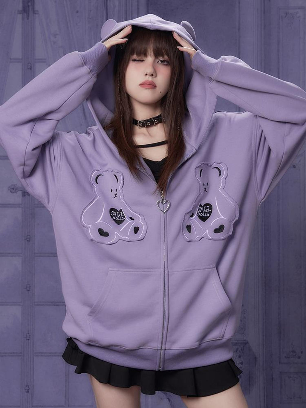SagiDolls Purple Bear Embroidered Patch Ruffle Loose Fit Women's Zip-up Hoodies