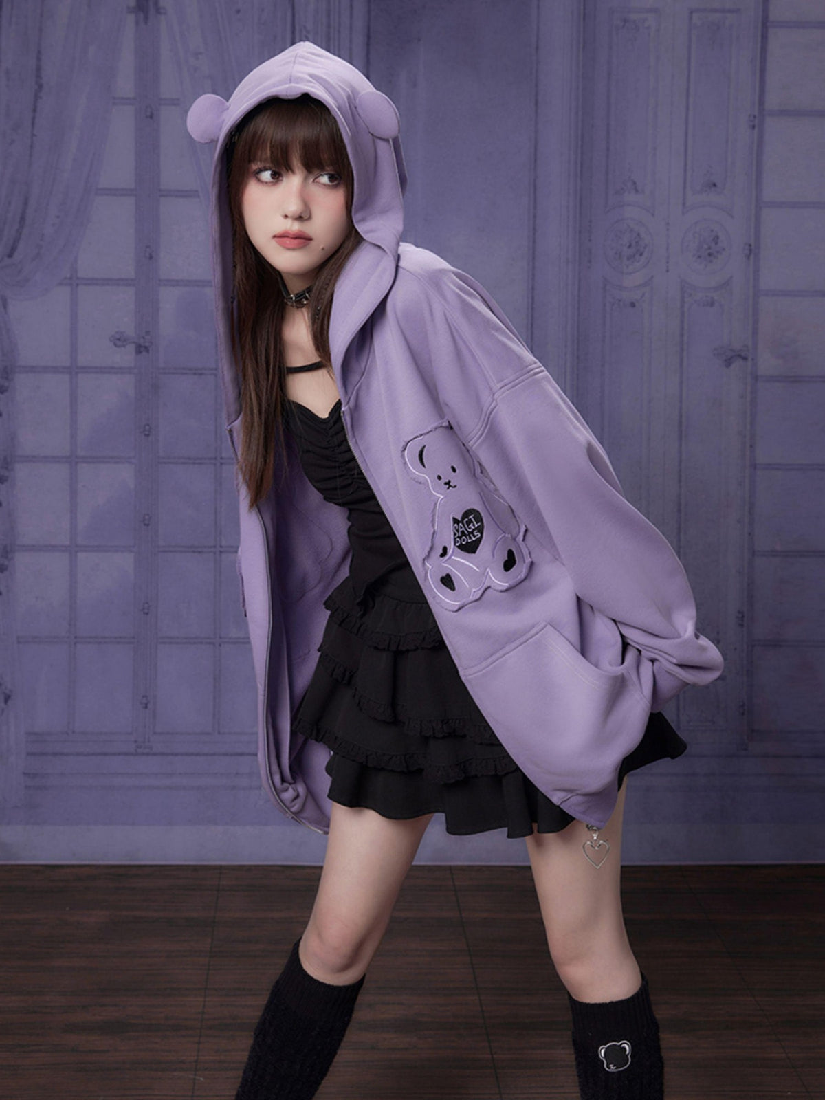 SagiDolls Purple Bear Embroidered Patch Ruffle Loose Fit Women's Zip-up Hoodies
