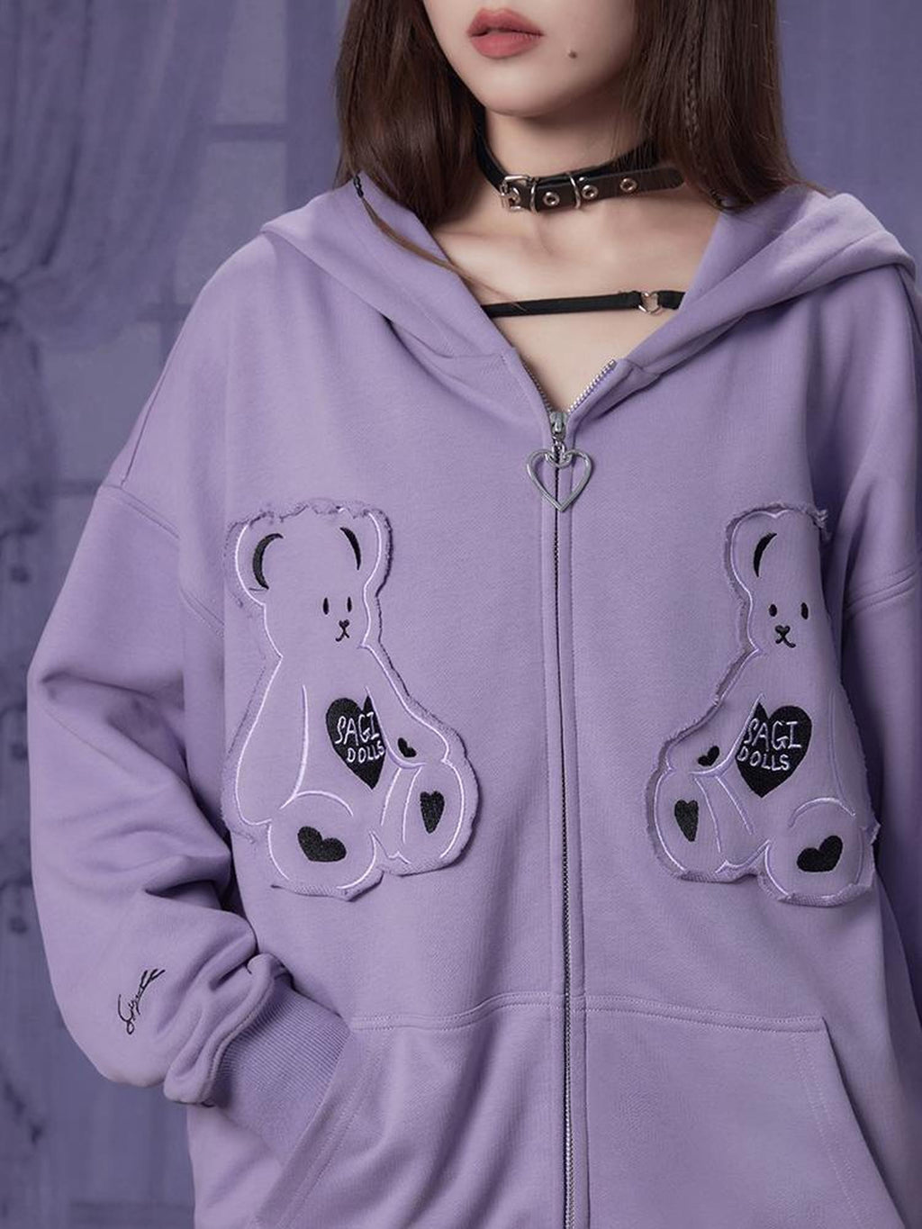 SagiDolls Purple Bear Embroidered Patch Ruffle Loose Fit Women's Zip-up Hoodies
