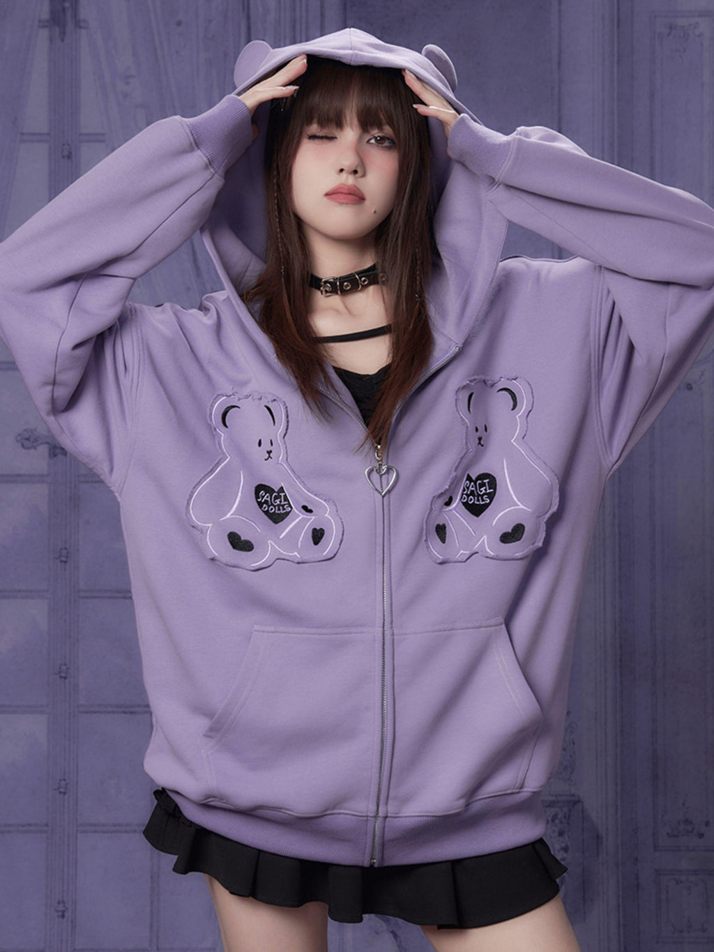 SagiDolls Purple Bear Embroidered Patch Ruffle Loose Fit Women's Zip-up Hoodies