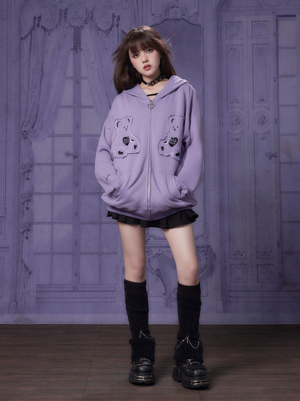SagiDolls Purple Bear Embroidered Patch Ruffle Loose Fit Women's Zip-up Hoodies
