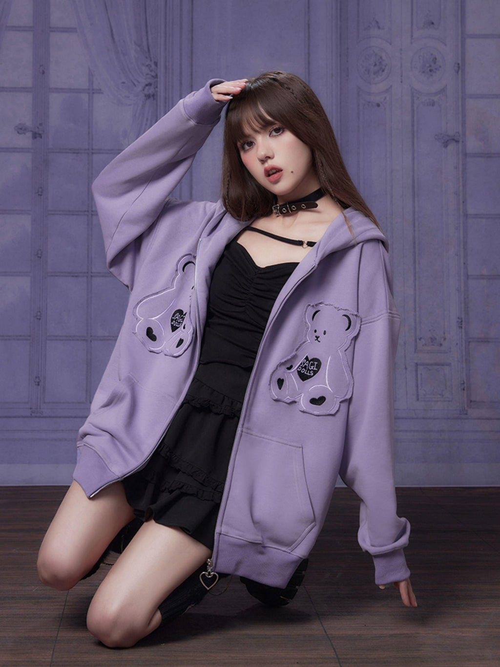 SagiDolls Purple Bear Embroidered Patch Ruffle Loose Fit Women's Zip-up Hoodies