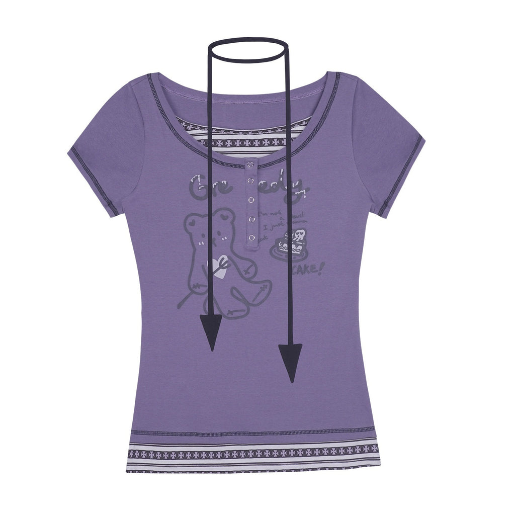 SagiDolls_Purple_Bear_Print_Faux_Layered_Spliced_Knit_Women's_Short_Sleeve_T-shirts_928485750833_MISSTT