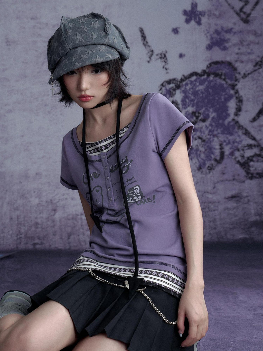 SagiDolls Purple Bear Print Faux Layered Spliced Knit Women's Short Sleeve T-shirts