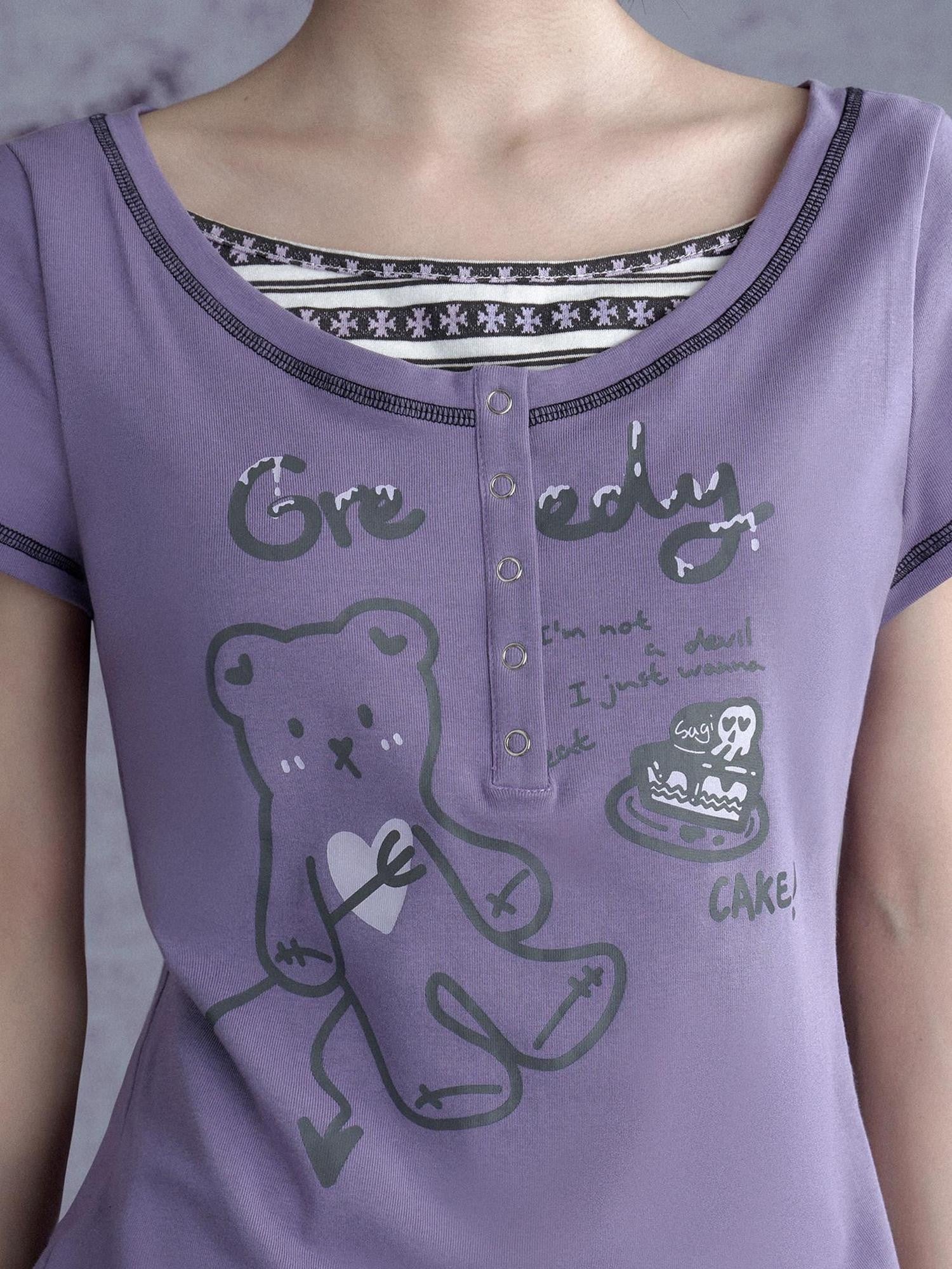 SagiDolls Purple Bear Print Faux Layered Spliced Knit Women's Short Sleeve T-shirts