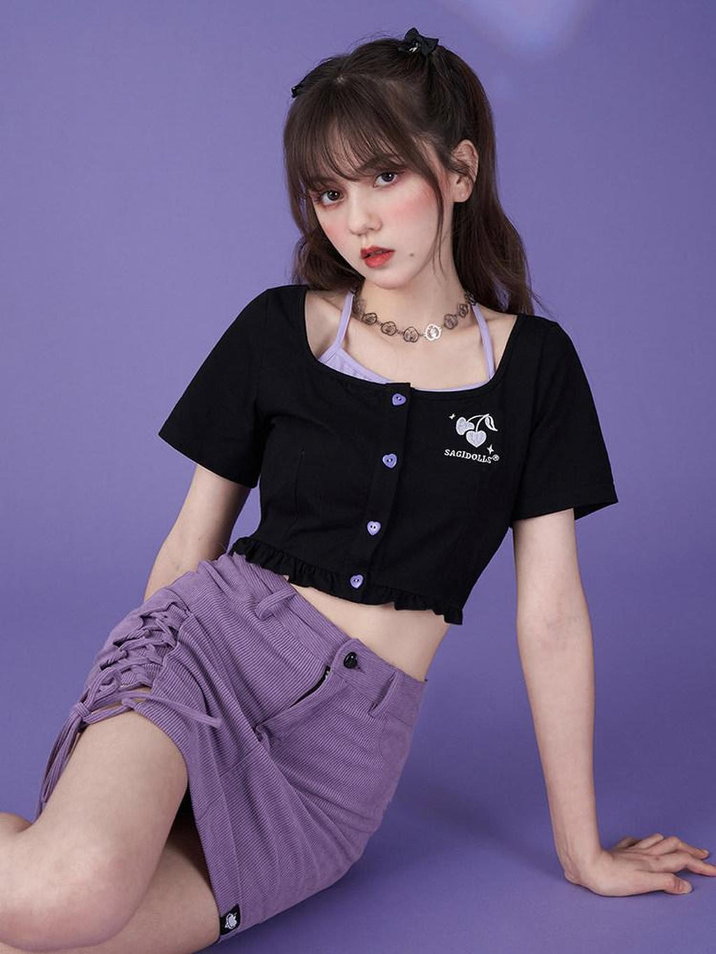 SagiDolls Purple Black Cherry Halter Lettuce Edge Women's Cotton Blend Cropped Cardigans