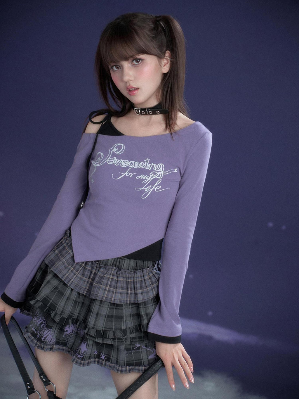 SagiDolls Purple Black Print Layered Women's Viscose Cotton Long Sleeve T-shirts
