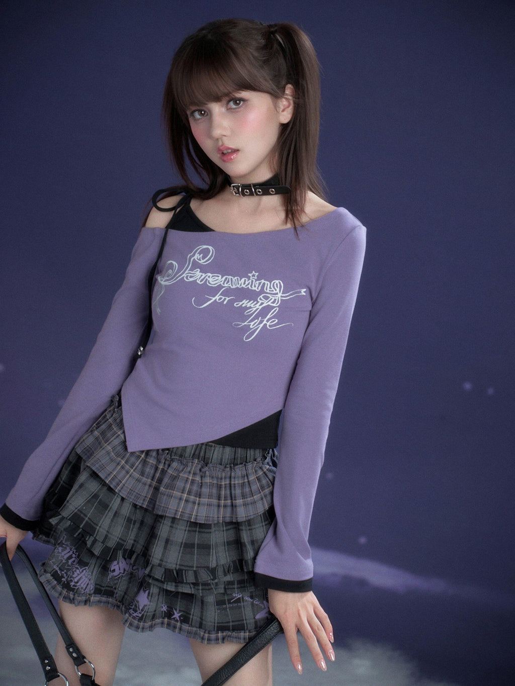 SagiDolls Purple Black Print Layered Women's Viscose Cotton Long Sleeve T-shirts