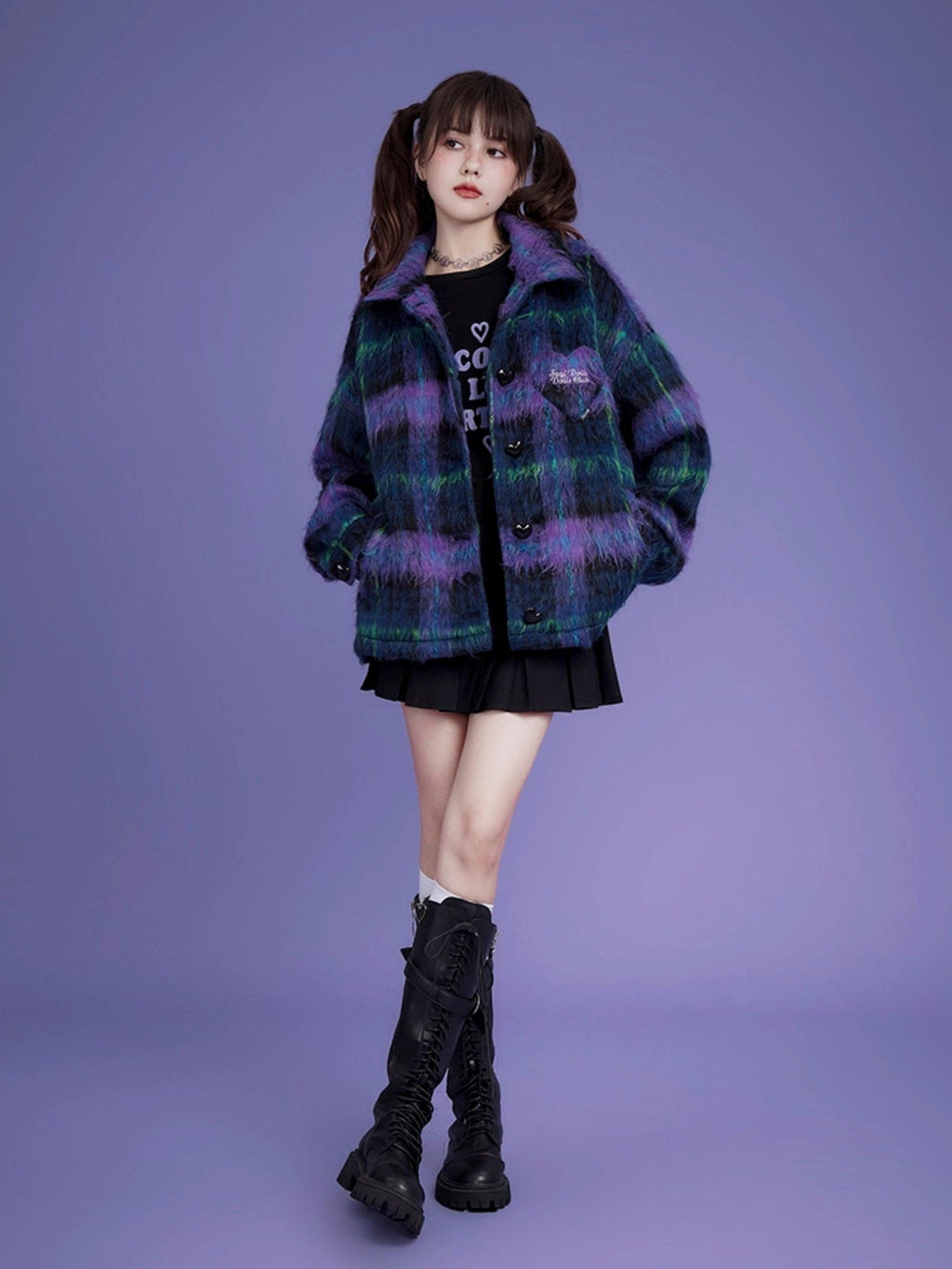 SagiDolls Purple Blue Plaid Button Polo Collar Midlength Loose Women's Faux Wool Cardigans