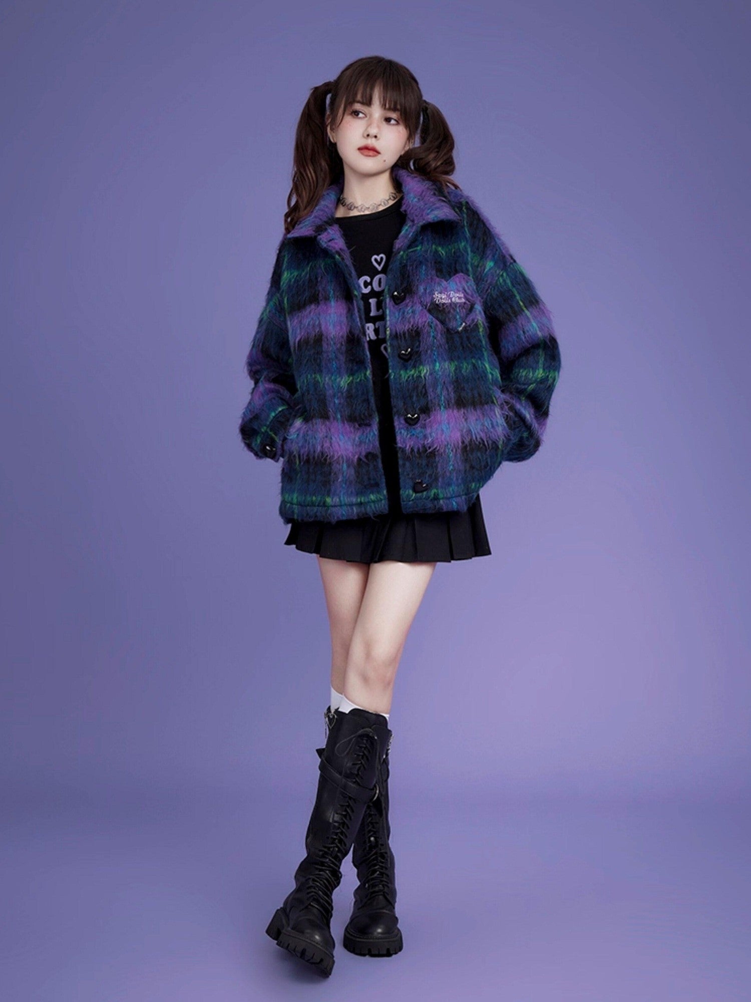 SagiDolls Purple Blue Plaid Button Polo Collar Midlength Loose Women's Faux Wool Cardigans