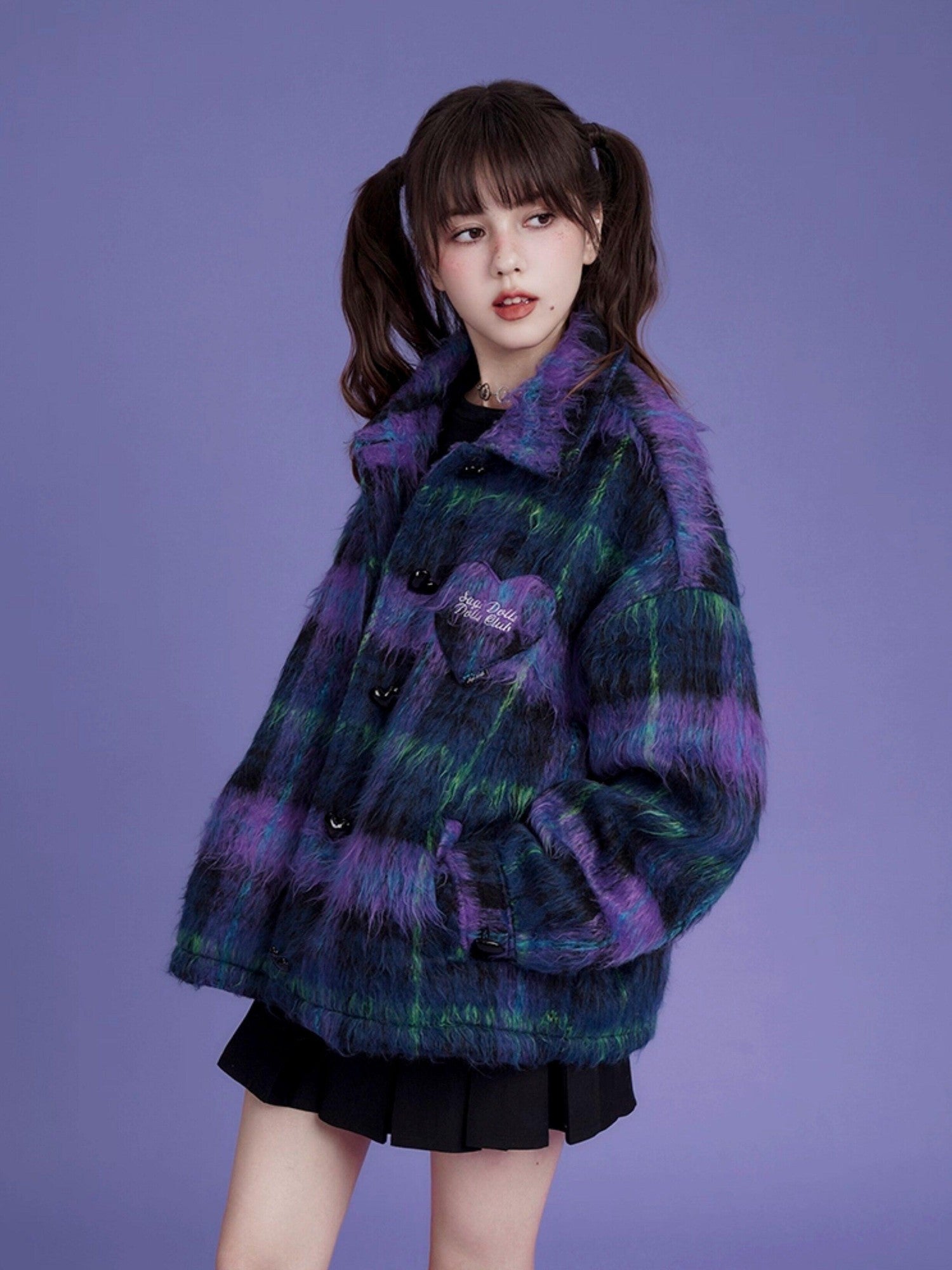 SagiDolls Purple Blue Plaid Button Polo Collar Midlength Loose Women's Faux Wool Cardigans