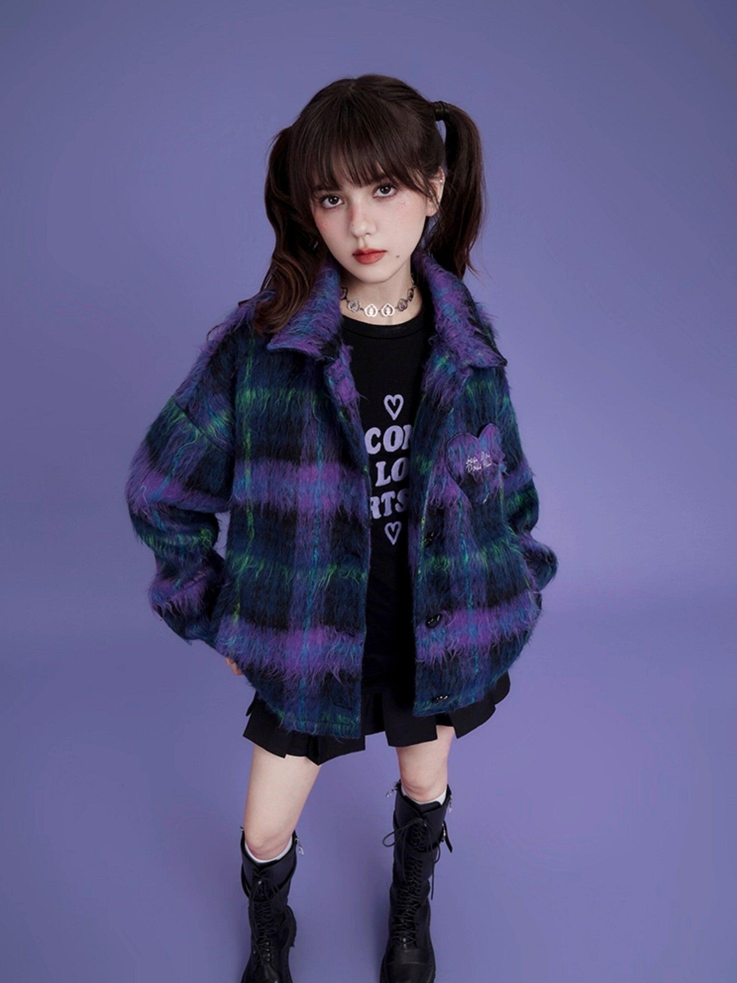 SagiDolls Purple Blue Plaid Button Polo Collar Midlength Loose Women's Faux Wool Cardigans