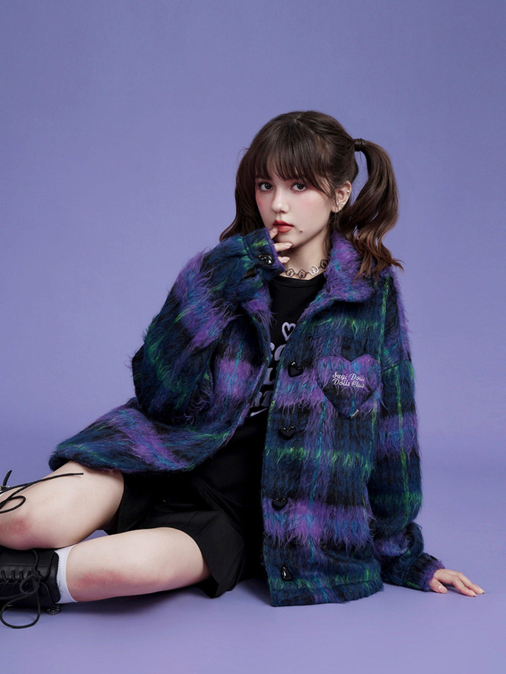 SagiDolls Purple Blue Plaid Button Polo Collar Midlength Loose Women's Faux Wool Cardigans