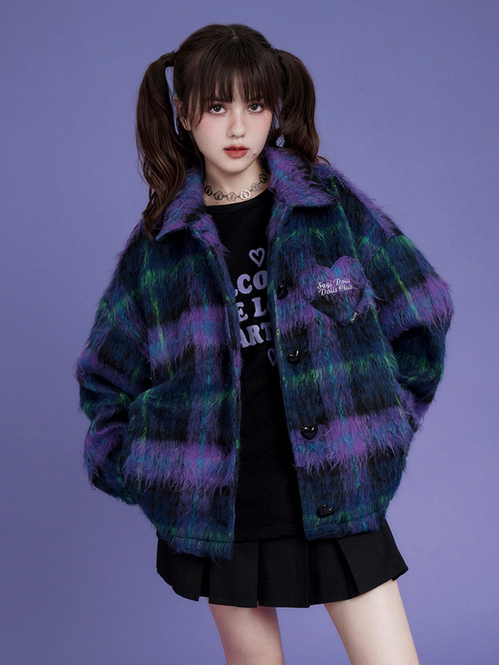 SagiDolls Purple Blue Plaid Button Polo Collar Midlength Loose Women's Faux Wool Cardigans