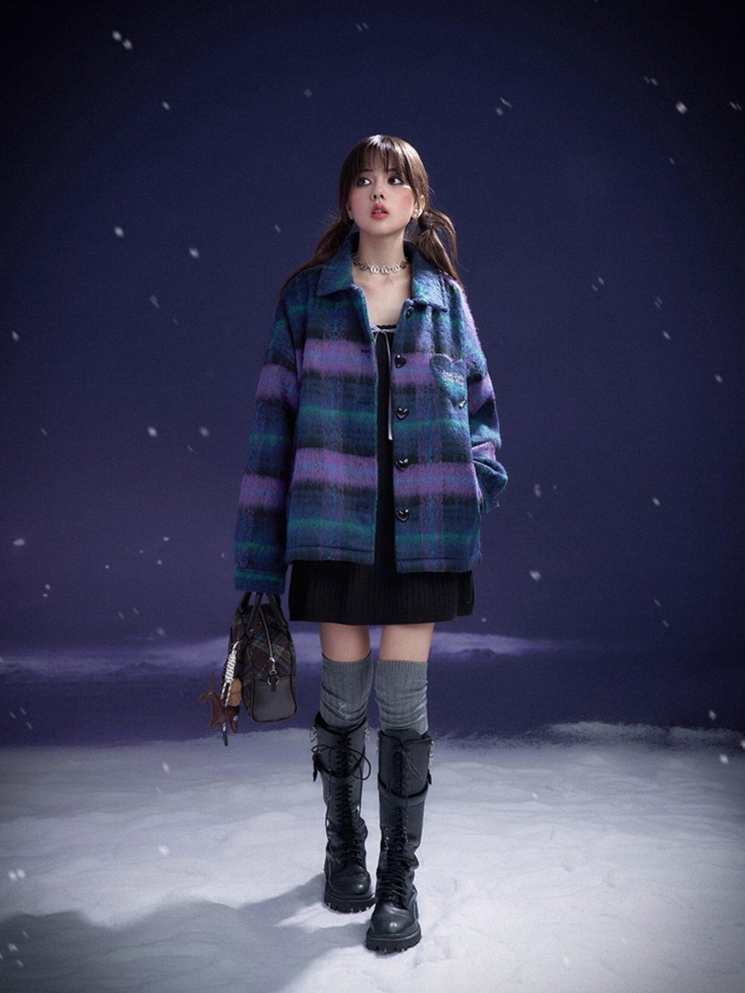 SagiDolls Purple Blue Plaid Button Polo Collar Midlength Loose Women's Faux Wool Cardigans