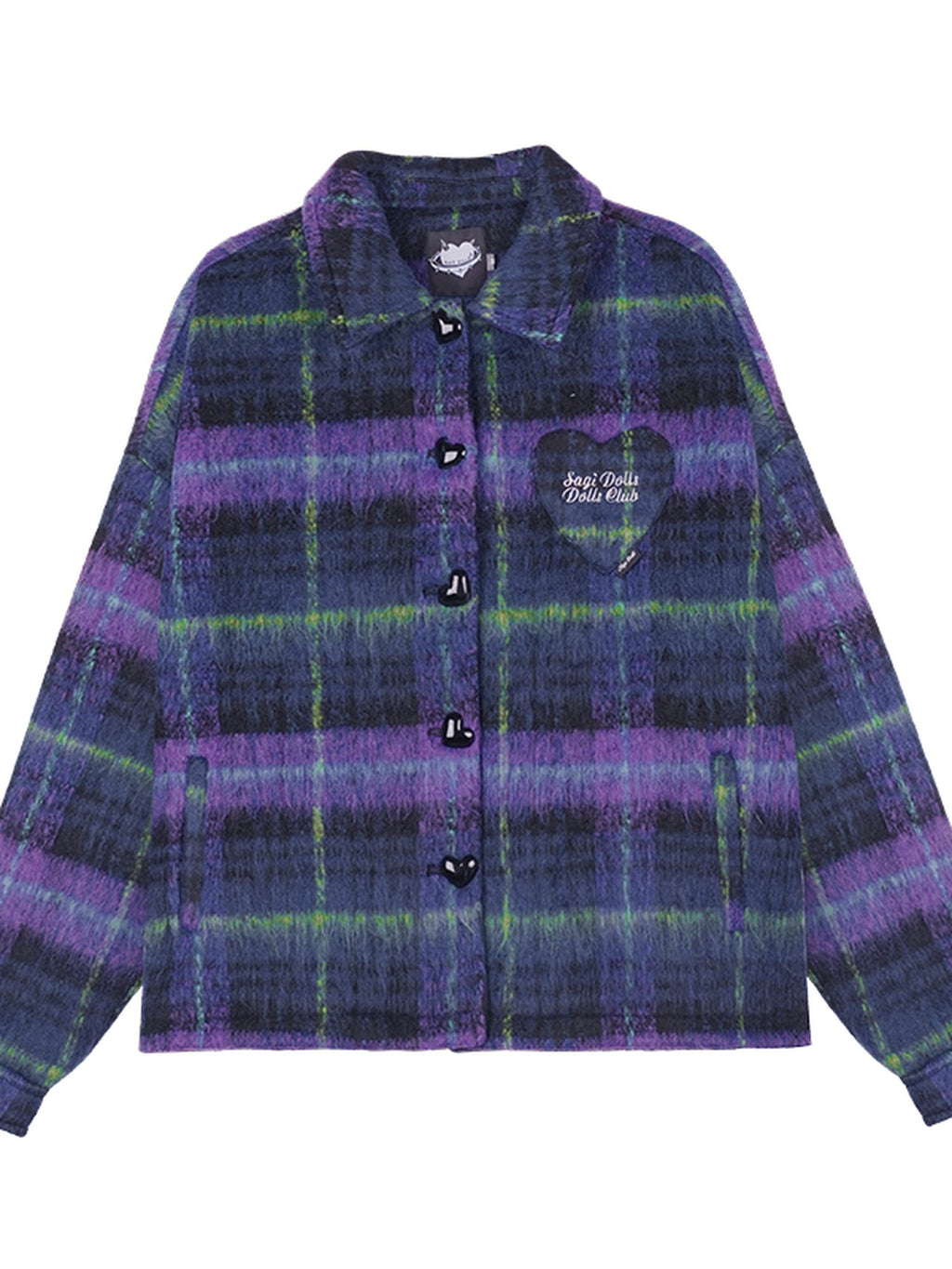 SagiDolls Purple Blue Plaid Button Polo Collar Midlength Loose Women's Faux Wool Cardigans