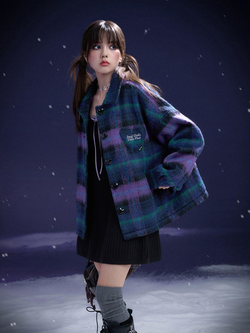 SagiDolls Purple Blue Plaid Button Polo Collar Midlength Loose Women's Faux Wool Cardigans