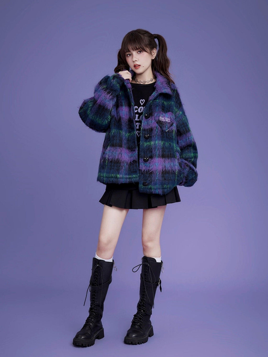 SagiDolls Purple Blue Plaid Button Polo Collar Midlength Loose Women's Faux Wool Cardigans