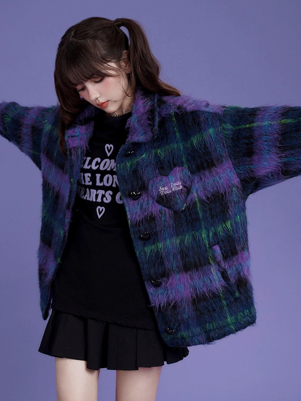 SagiDolls Purple Blue Plaid Button Polo Collar Midlength Loose Women's Faux Wool Cardigans