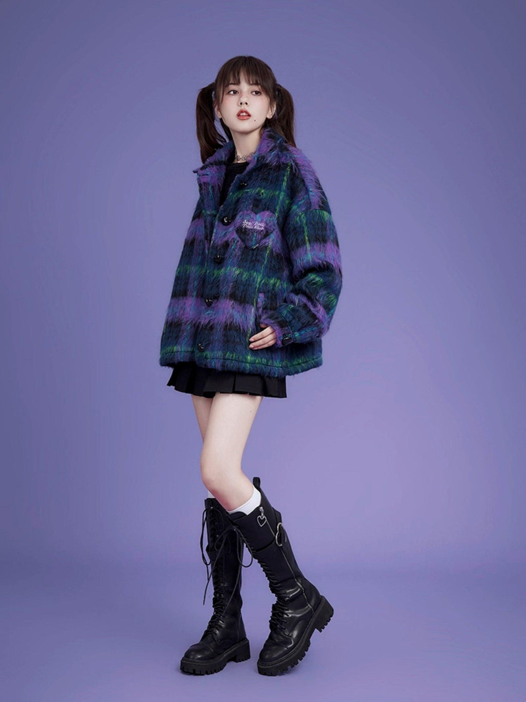 SagiDolls Purple Blue Plaid Button Polo Collar Midlength Loose Women's Faux Wool Cardigans