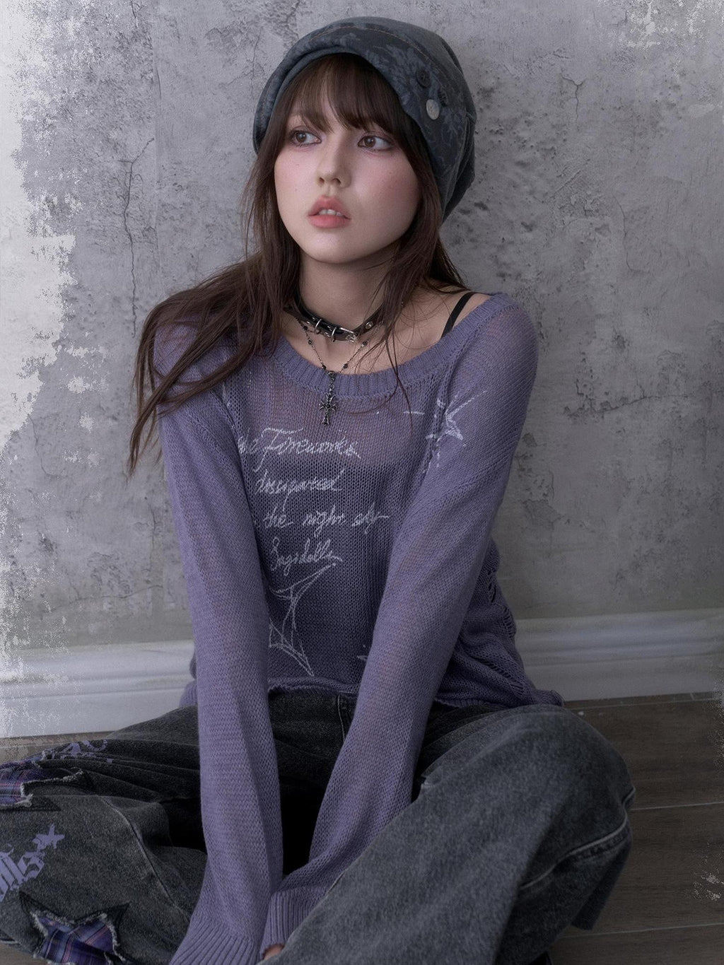 SagiDolls Purple Distressed Knit Pointelle Print Women's Loose Fit Sweaters