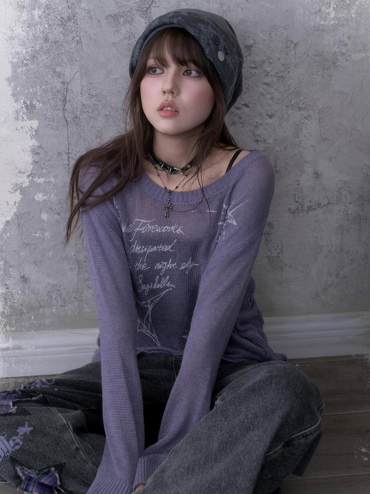 SagiDolls Purple Distressed Knit Pointelle Print Women's Loose Fit Sweaters