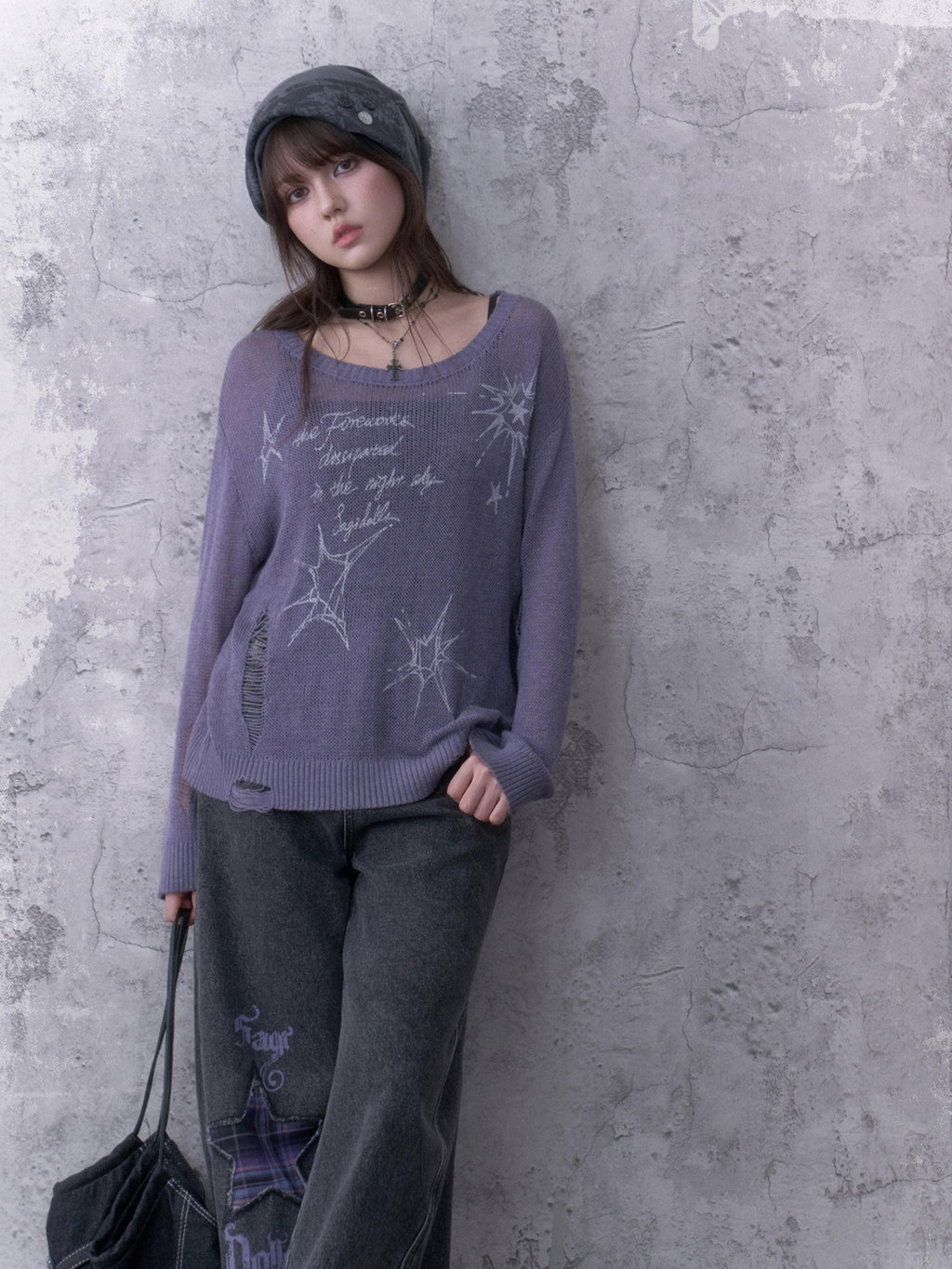 SagiDolls Purple Distressed Knit Pointelle Print Women's Loose Fit Sweaters