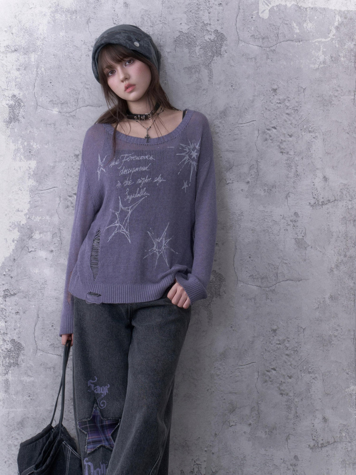 SagiDolls Purple Distressed Knit Pointelle Print Women's Loose Fit Sweaters
