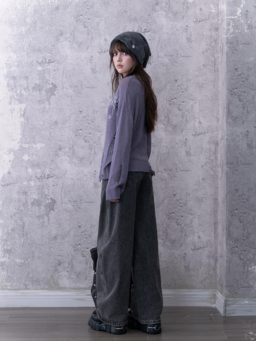 SagiDolls Purple Distressed Knit Pointelle Print Women's Loose Fit Sweaters