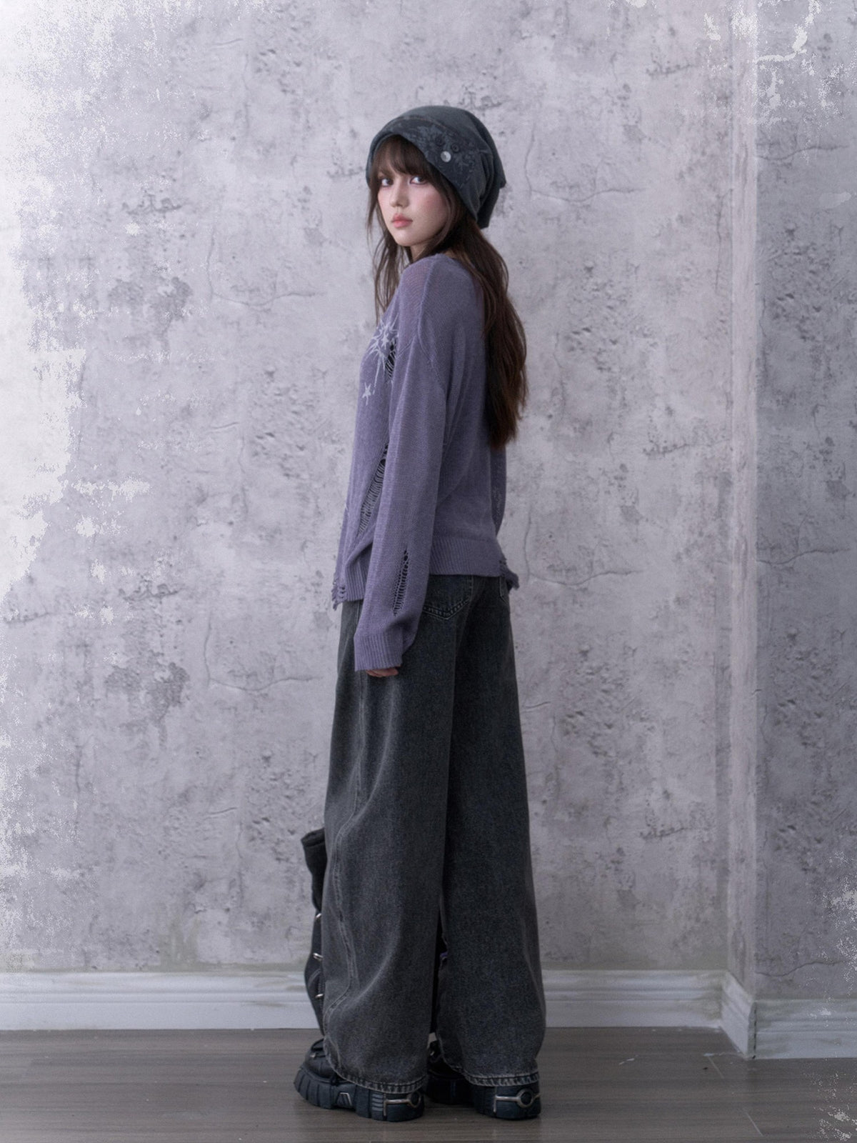 SagiDolls Purple Distressed Knit Pointelle Print Women's Loose Fit Sweaters