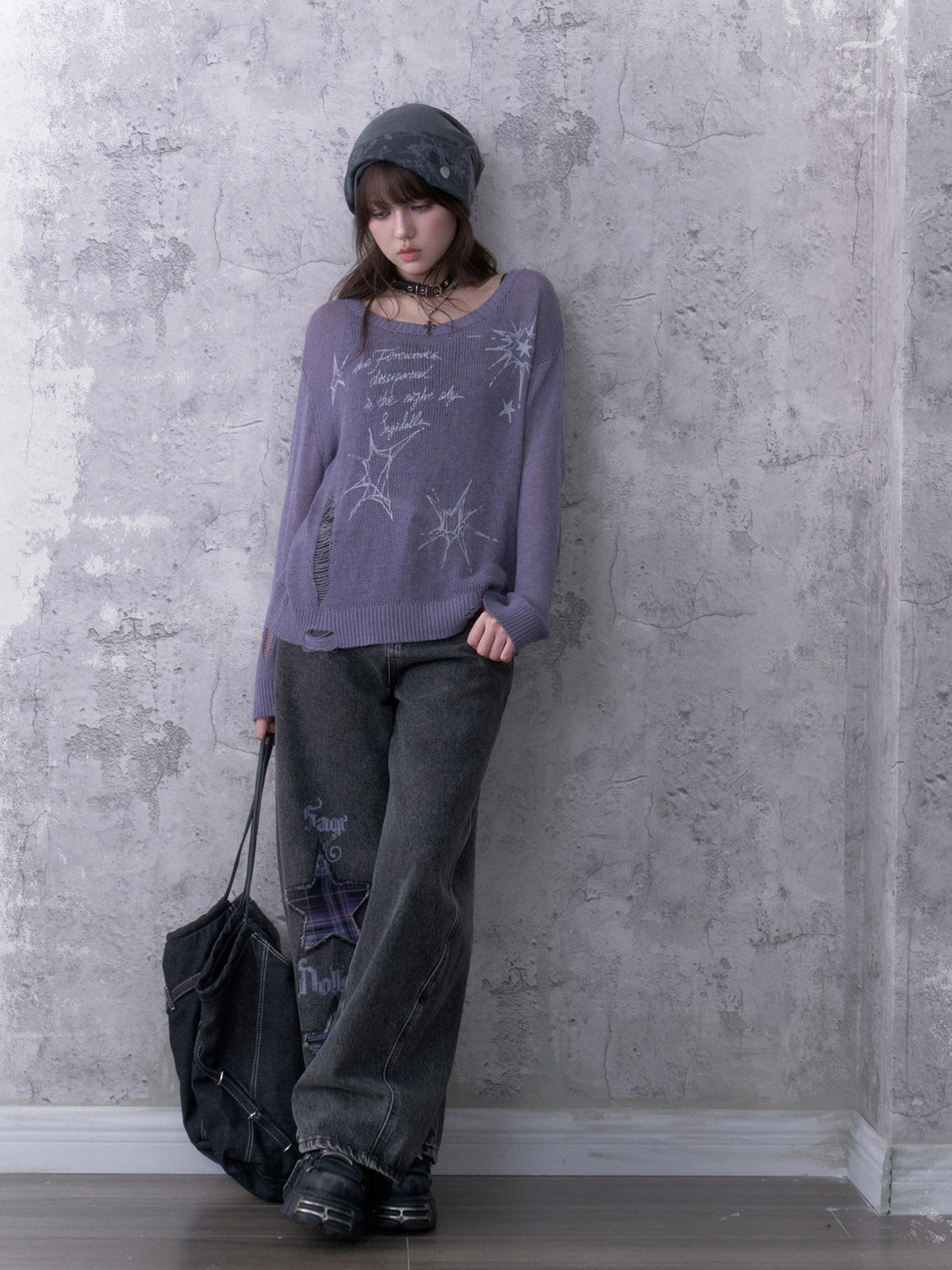 SagiDolls Purple Distressed Knit Pointelle Print Women's Loose Fit Sweaters