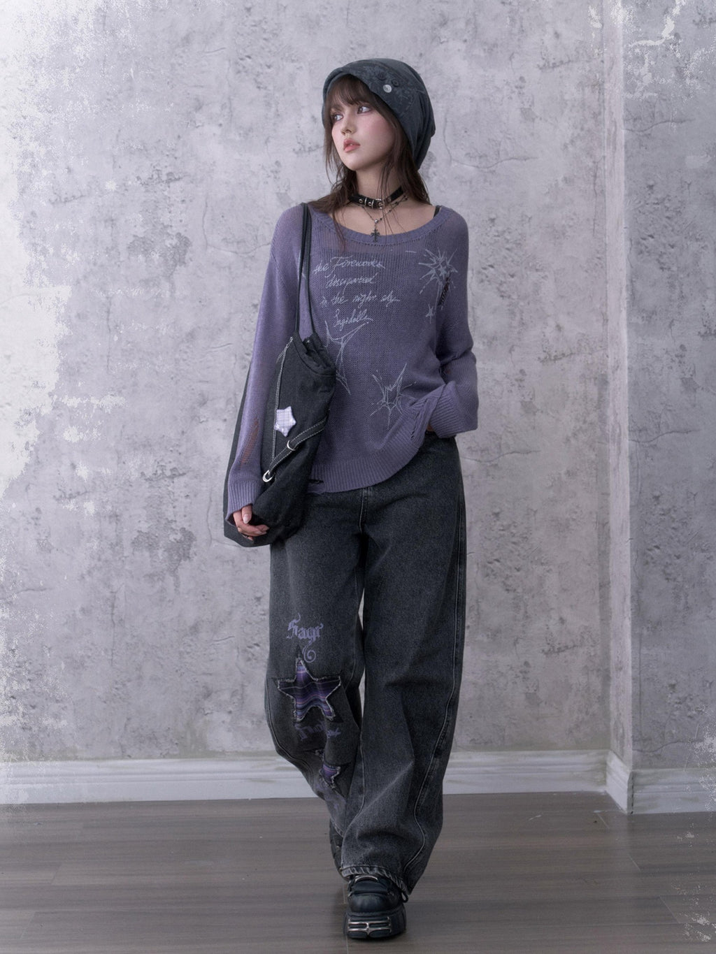 SagiDolls Purple Distressed Knit Pointelle Print Women's Loose Fit Sweaters