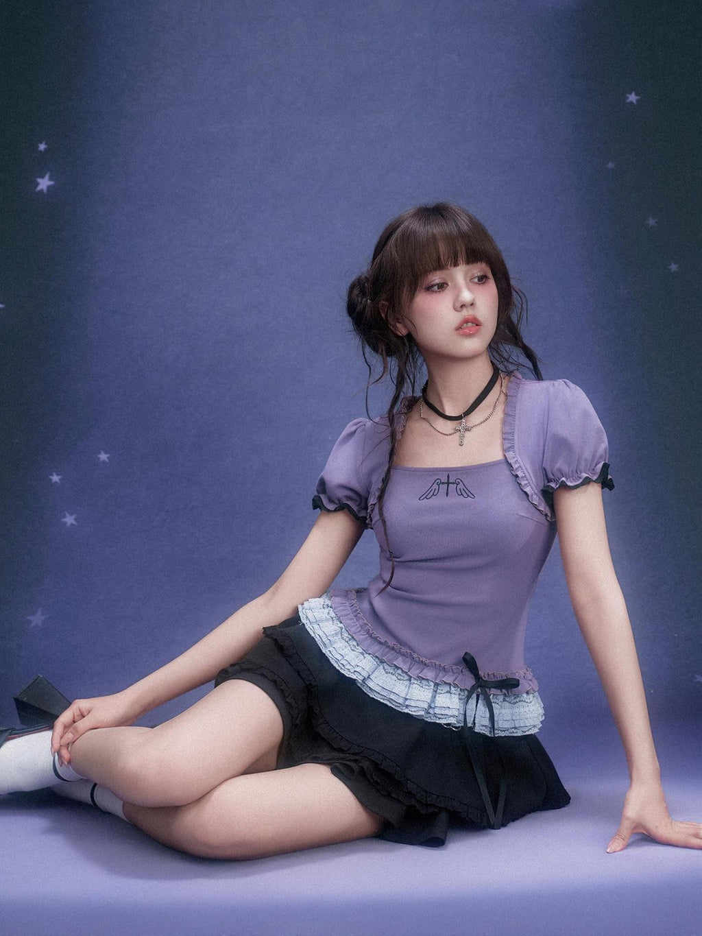 SagiDolls Purple Embroidered Lace Hem Bubble Sleeve Women's Cotton Short Sleeve T-shirts