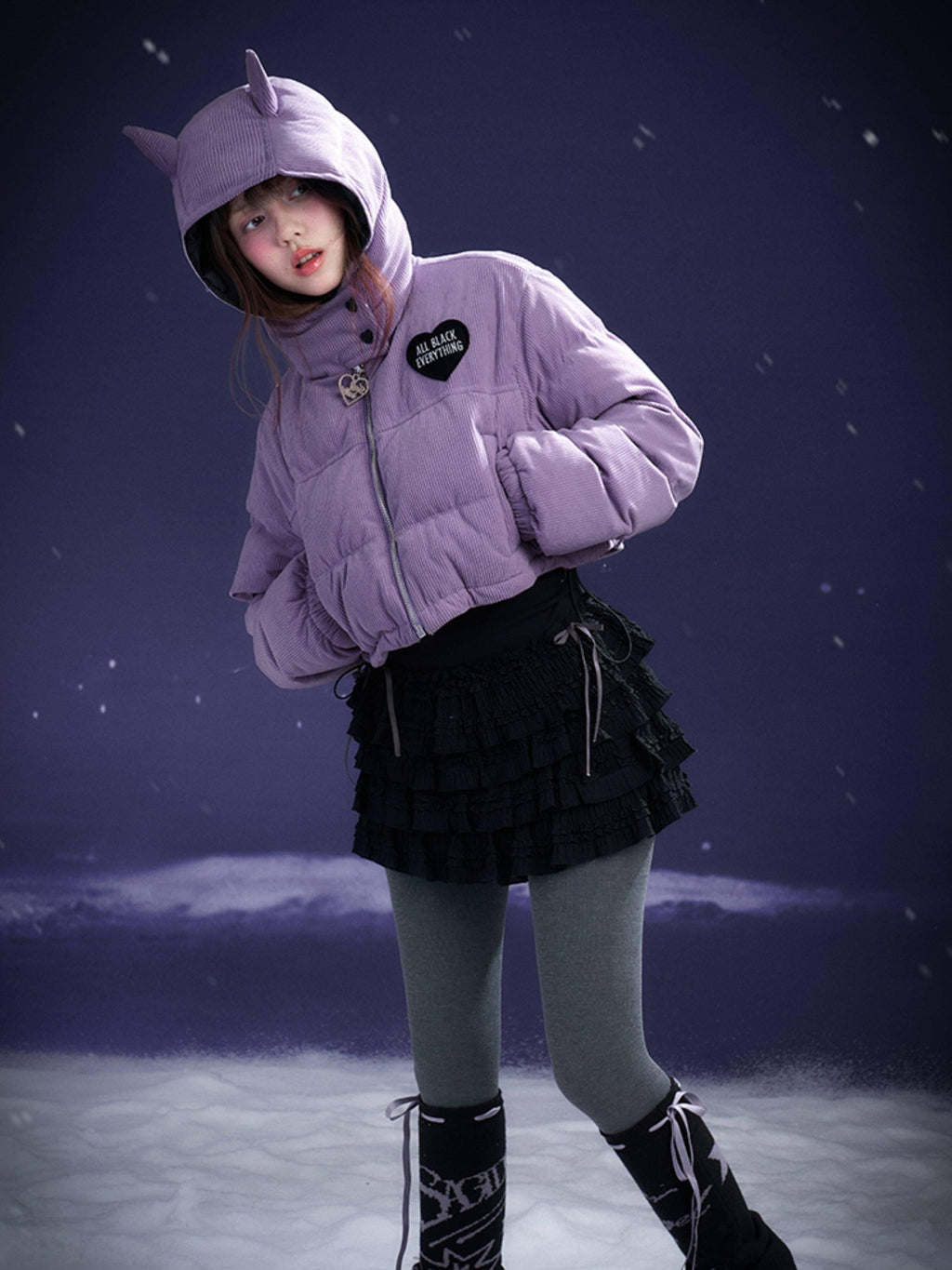 SagiDolls Purple Hooded 3d Embellished Straight Cut Women's Corduroy Puffer Jackets