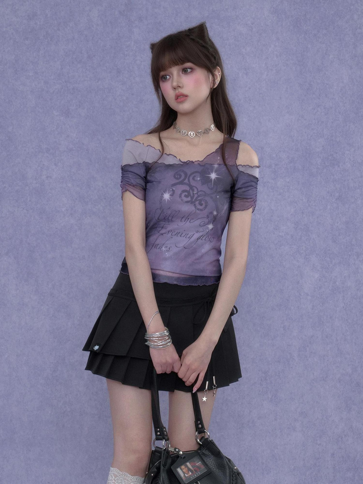 SagiDolls Purple Mesh Print Asymmetric Women's Off-shoulder T-shirts