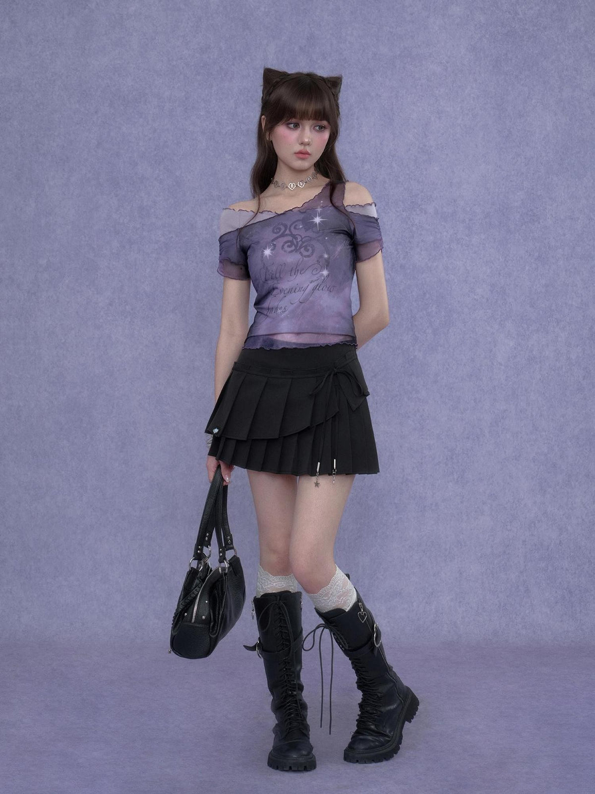SagiDolls Purple Mesh Print Asymmetric Women's Off-shoulder T-shirts