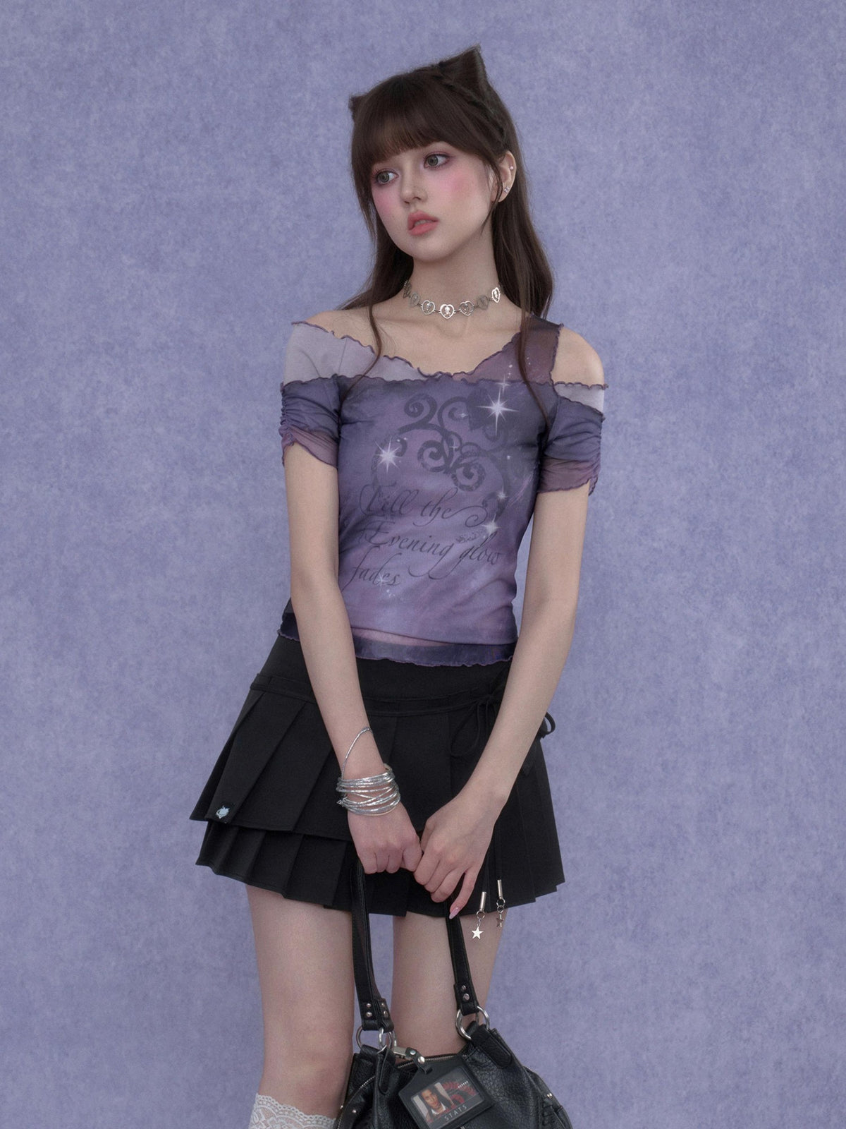 SagiDolls Purple Mesh Print Asymmetric Women's Off-shoulder T-shirts