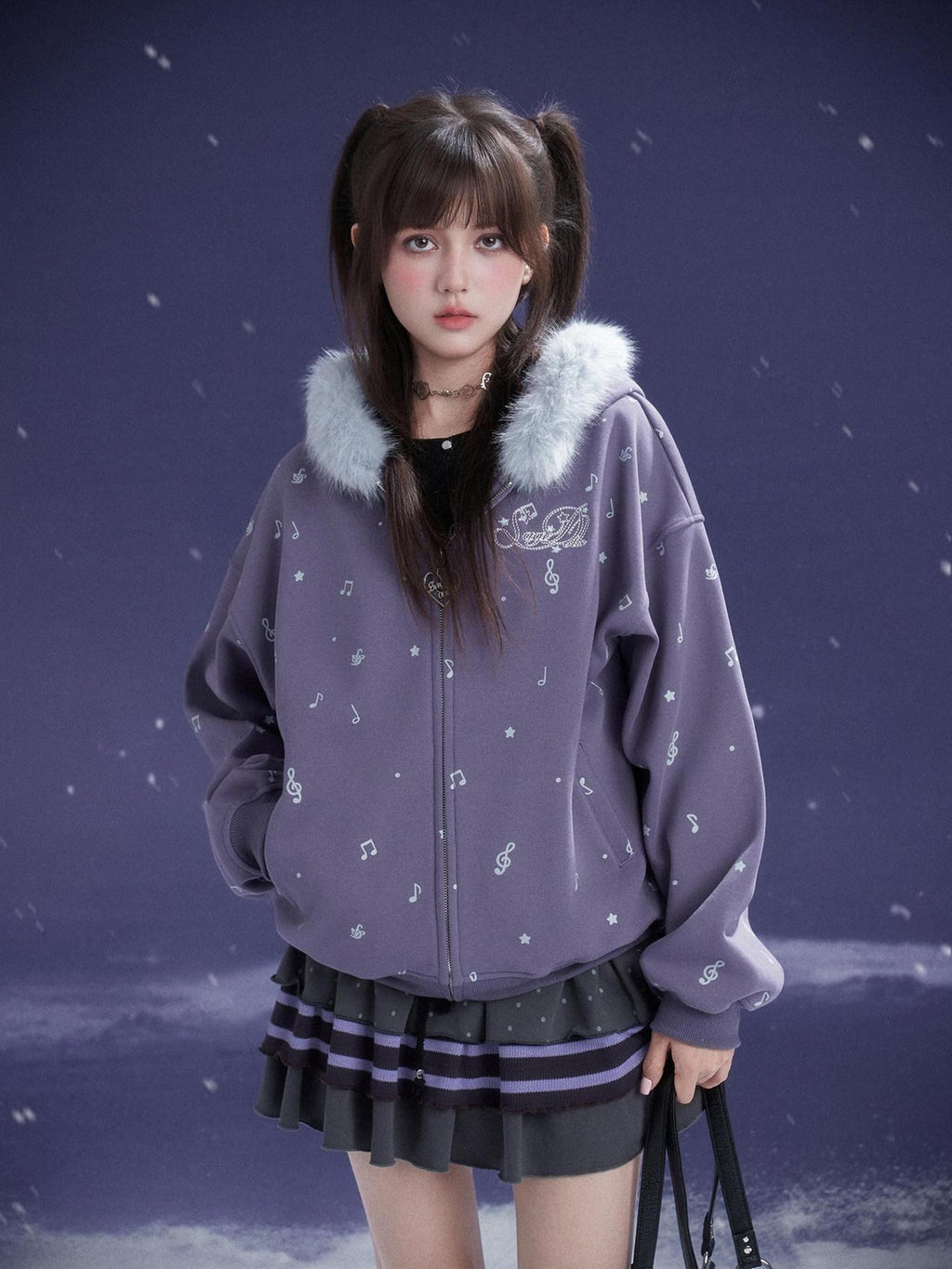 SagiDolls Purple Note Print Embroidered Fleece Fur Collar Women's Cotton Zip-up Hoodies