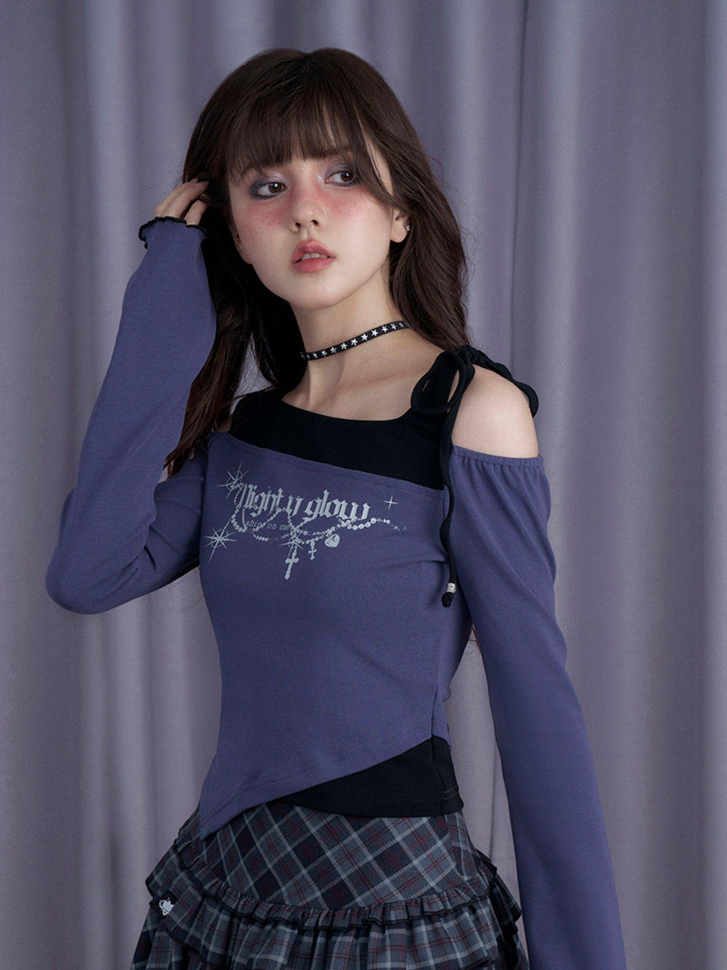 SagiDolls Purple Off Shoulder Printed Bell Sleeve Women's Cotton Long Sleeve T-shirts