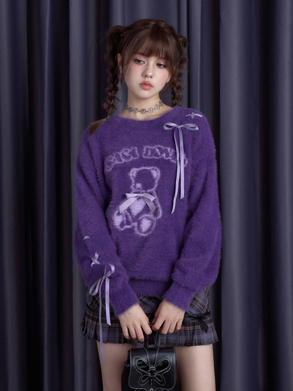 SagiDolls Purple Plaid Bow High Waist Women's Polyester Blend A-line Skirts