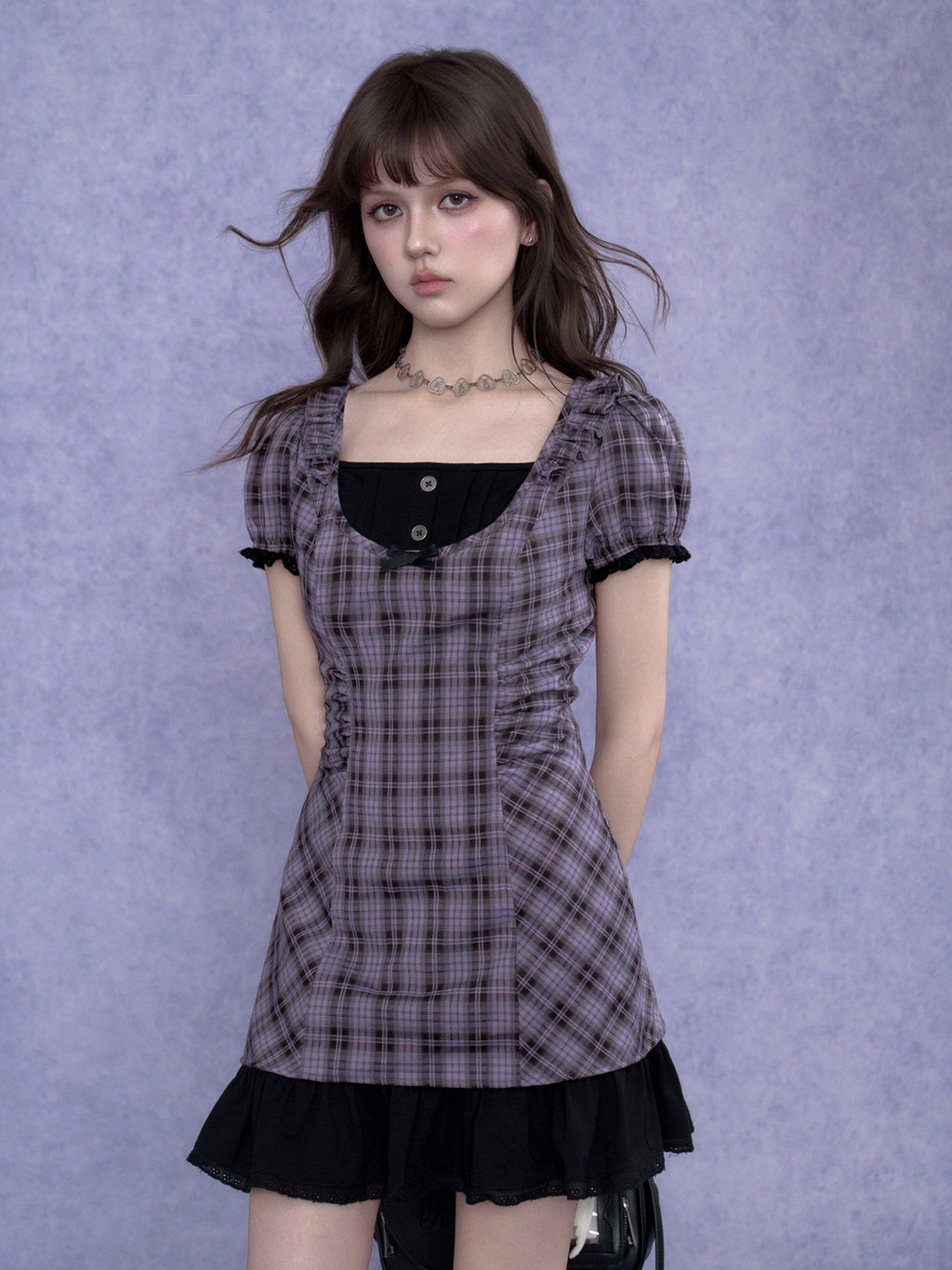 SagiDolls Purple Plaid Halter Faux Two Piece Puff Women's Poly Blend Casual Mini Dresses