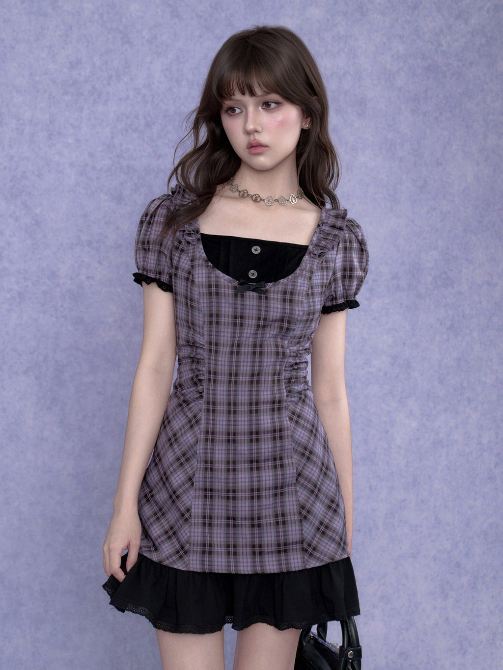 SagiDolls Purple Plaid Halter Faux Two Piece Puff Women's Poly Blend Casual Mini Dresses