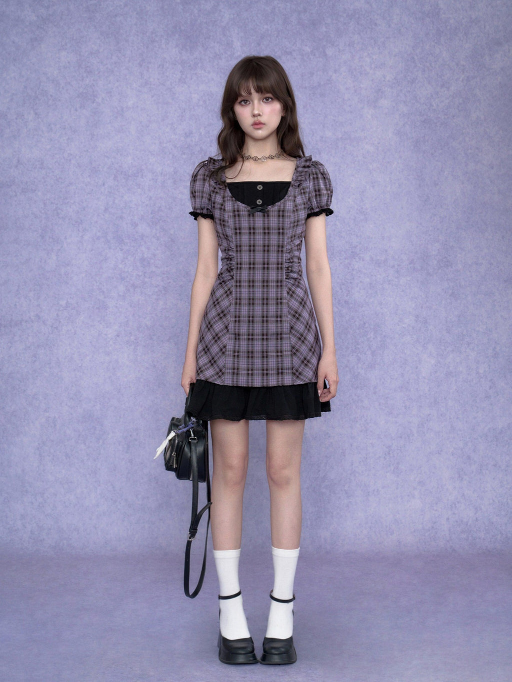SagiDolls Purple Plaid Halter Faux Two Piece Puff Women's Poly Blend Casual Mini Dresses