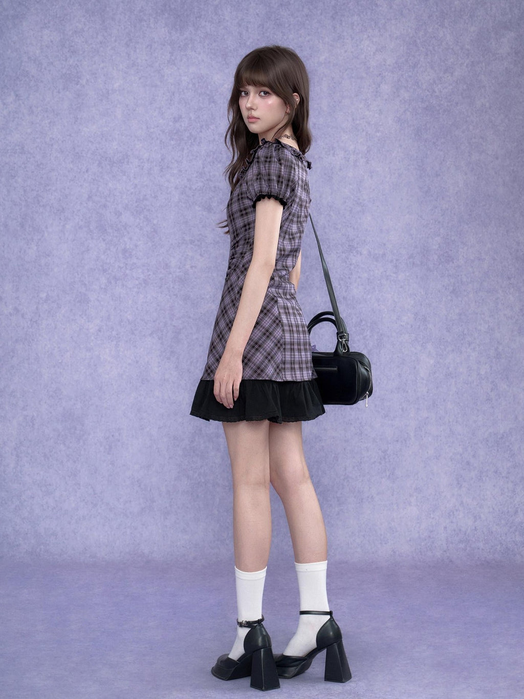 SagiDolls Purple Plaid Halter Faux Two Piece Puff Women's Poly Blend Casual Mini Dresses