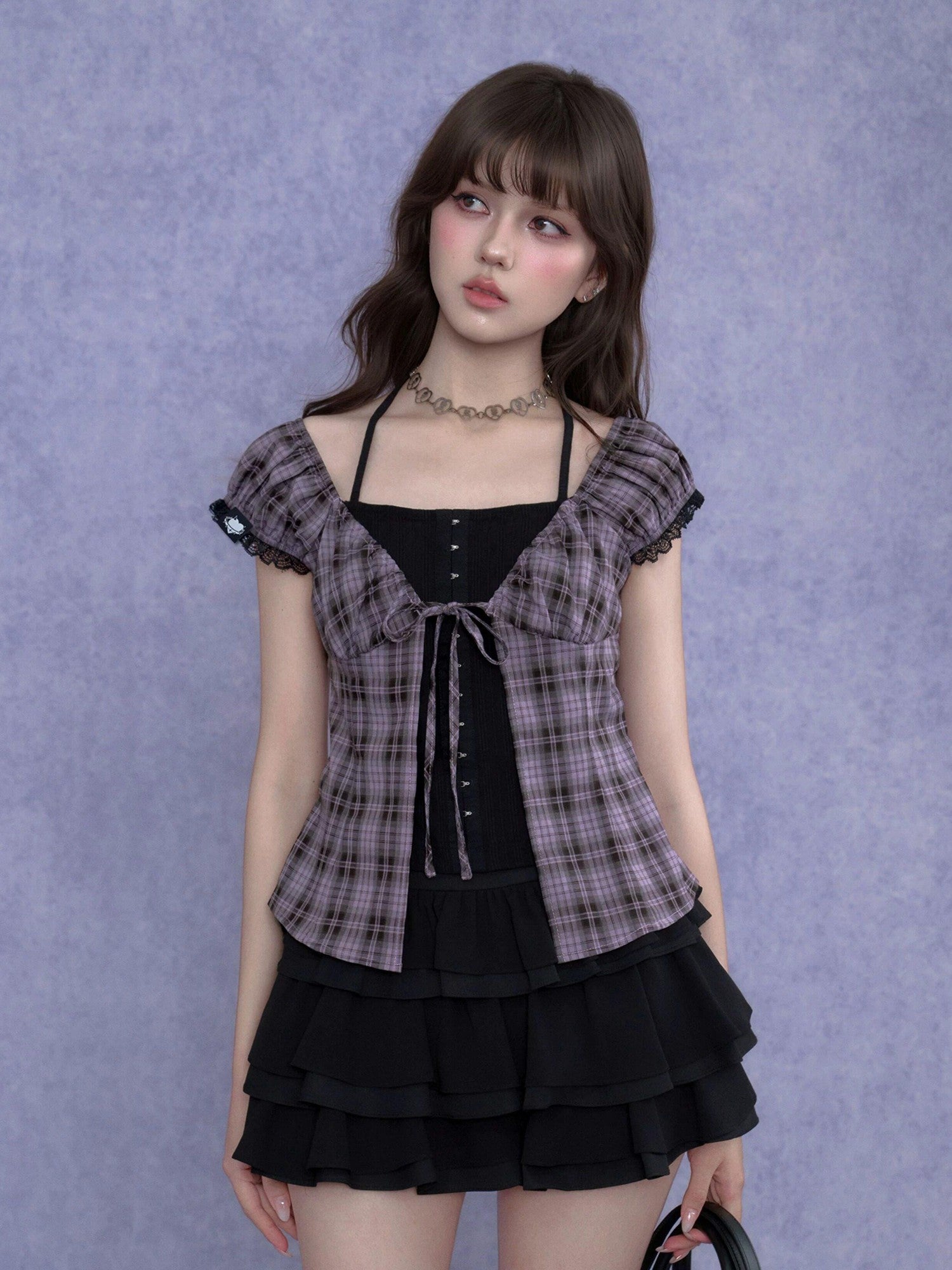 SagiDolls Purple Plaid Halter Lace Waist Cinch Women's Polyester Matching Skirt Sets