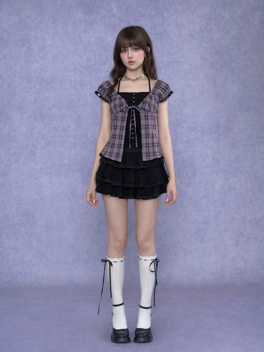 SagiDolls Purple Plaid Halter Lace Waist Cinch Women's Polyester Matching Skirt Sets