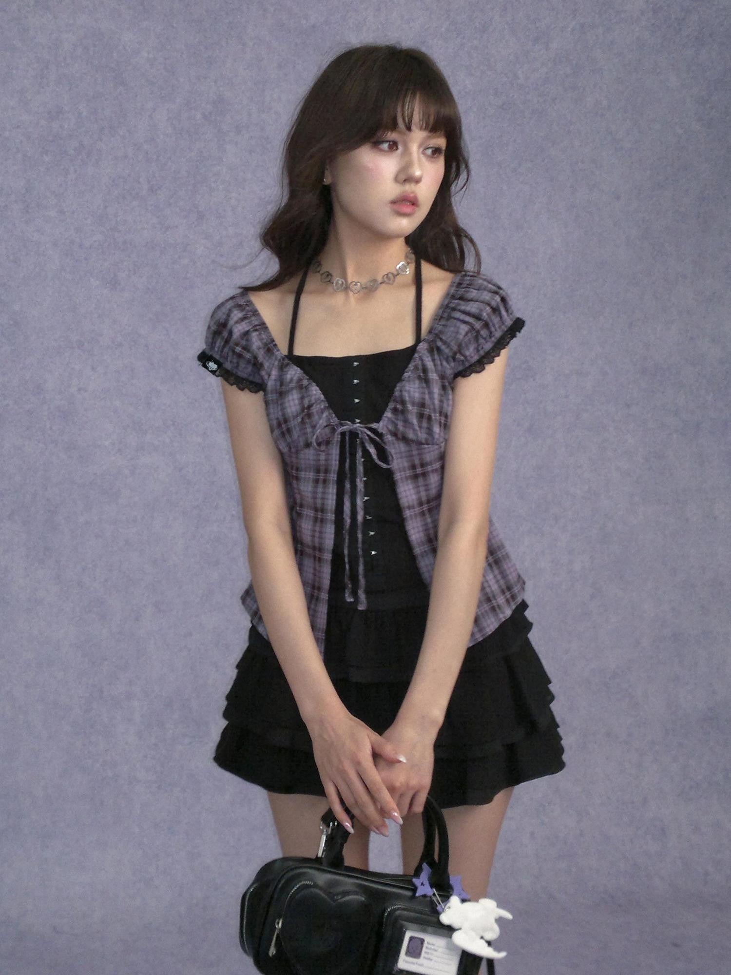 SagiDolls Purple Plaid Halter Lace Waist Cinch Women's Polyester Matching Skirt Sets