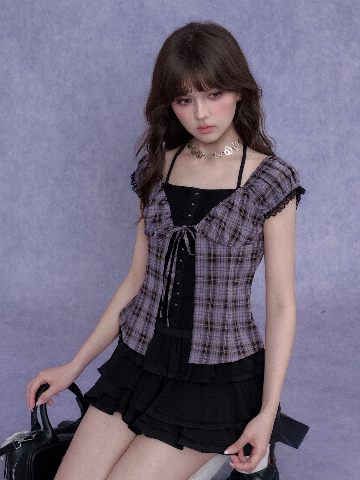 SagiDolls Purple Plaid Halter Lace Waist Cinch Women's Polyester Matching Skirt Sets